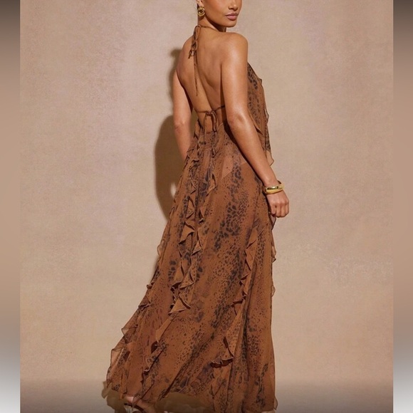 Elegant Brown Leopard Print Ruffles Halter Maxi Dress - Picture 5 of 8